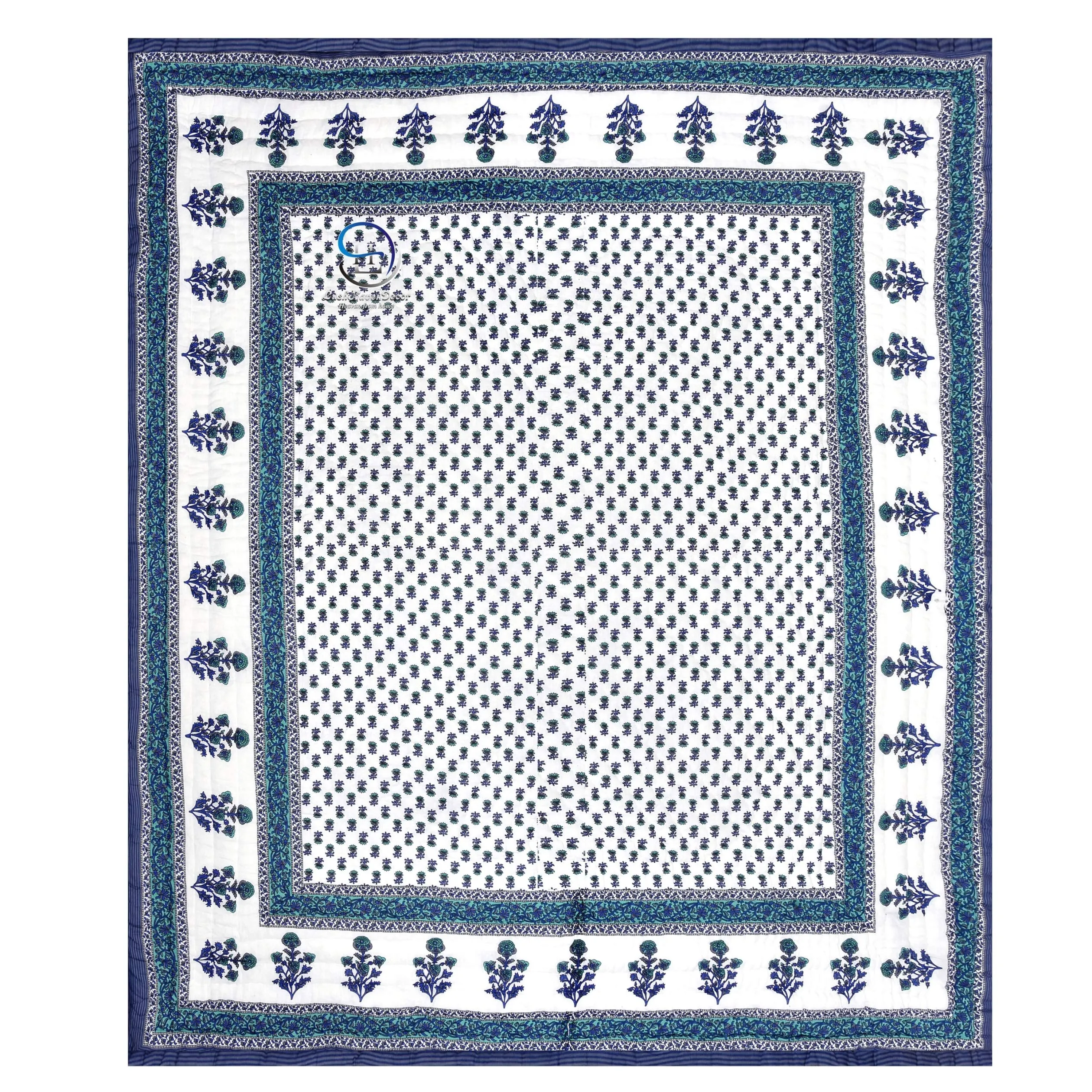 LushHavenDecor 300 TC Cotton Hand Made Sanganeri Print Jaipuri Rajai AC Quilt Razai, Single Bed Reversible Blue Booti Flower Design, 55x85 inch, Both Sided - Blue Set of 2