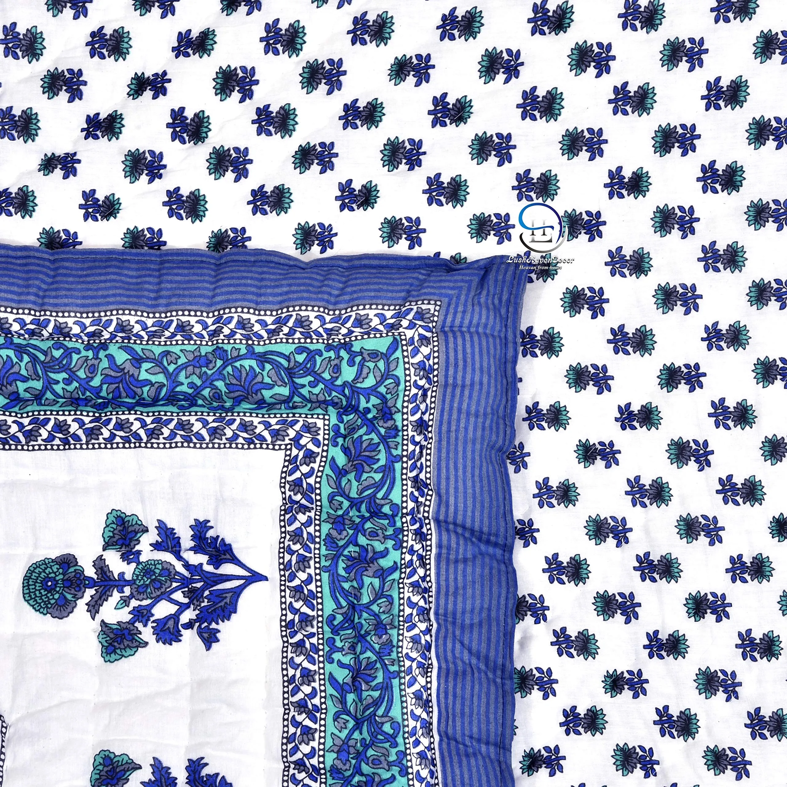 LushHavenDecor 300 TC Cotton Hand Made Sanganeri Print Jaipuri Rajai AC Quilt Razai, Single Bed Reversible Blue Booti Flower Design, 55x85 inch, Both Sided - Blue Set of 2