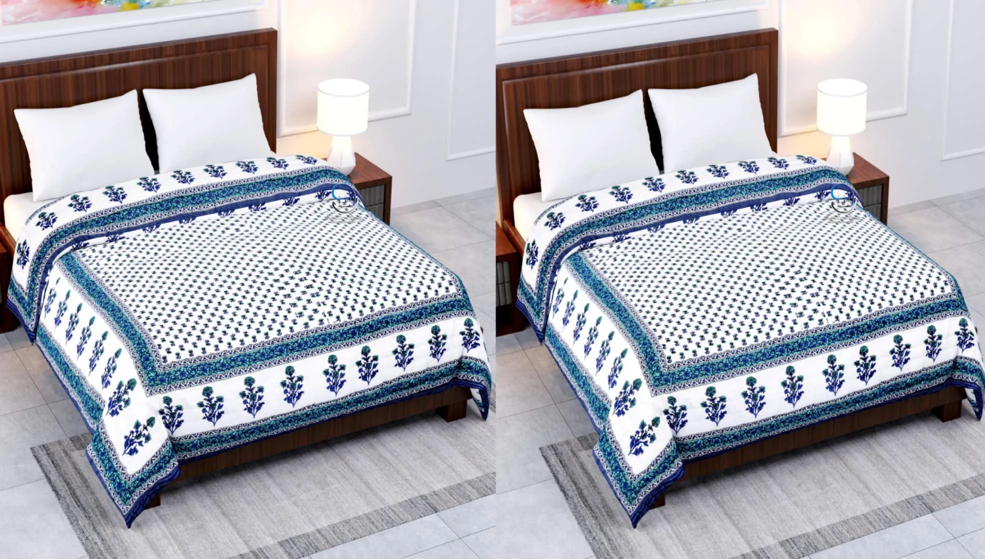 LushHavenDecor 300 TC Cotton Hand Made Sanganeri Print Jaipuri Rajai AC Quilt Razai, Single Bed Reversible Blue Booti Flower Design, 55x85 inch, Both Sided - Blue Set of 2