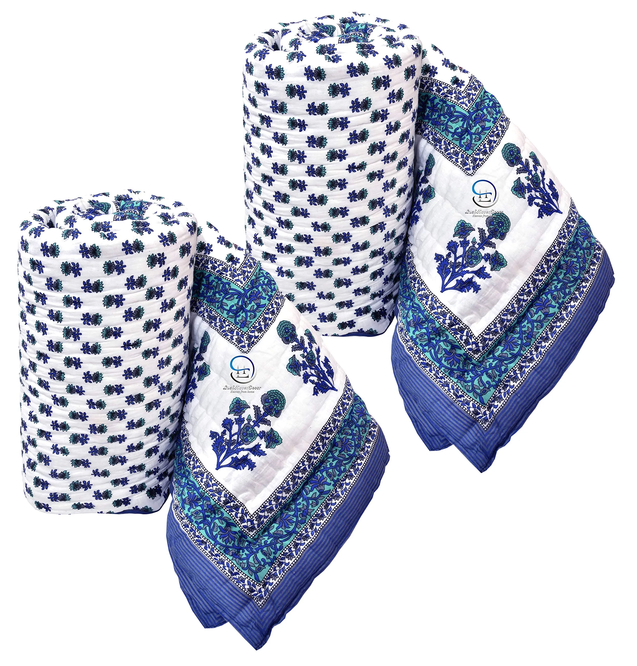 LushHavenDecor 300 TC Cotton Hand Made Sanganeri Print Jaipuri Rajai AC Quilt Razai, Single Bed Reversible Blue Booti Flower Design, 55x85 inch, Both Sided - Blue Set of 2