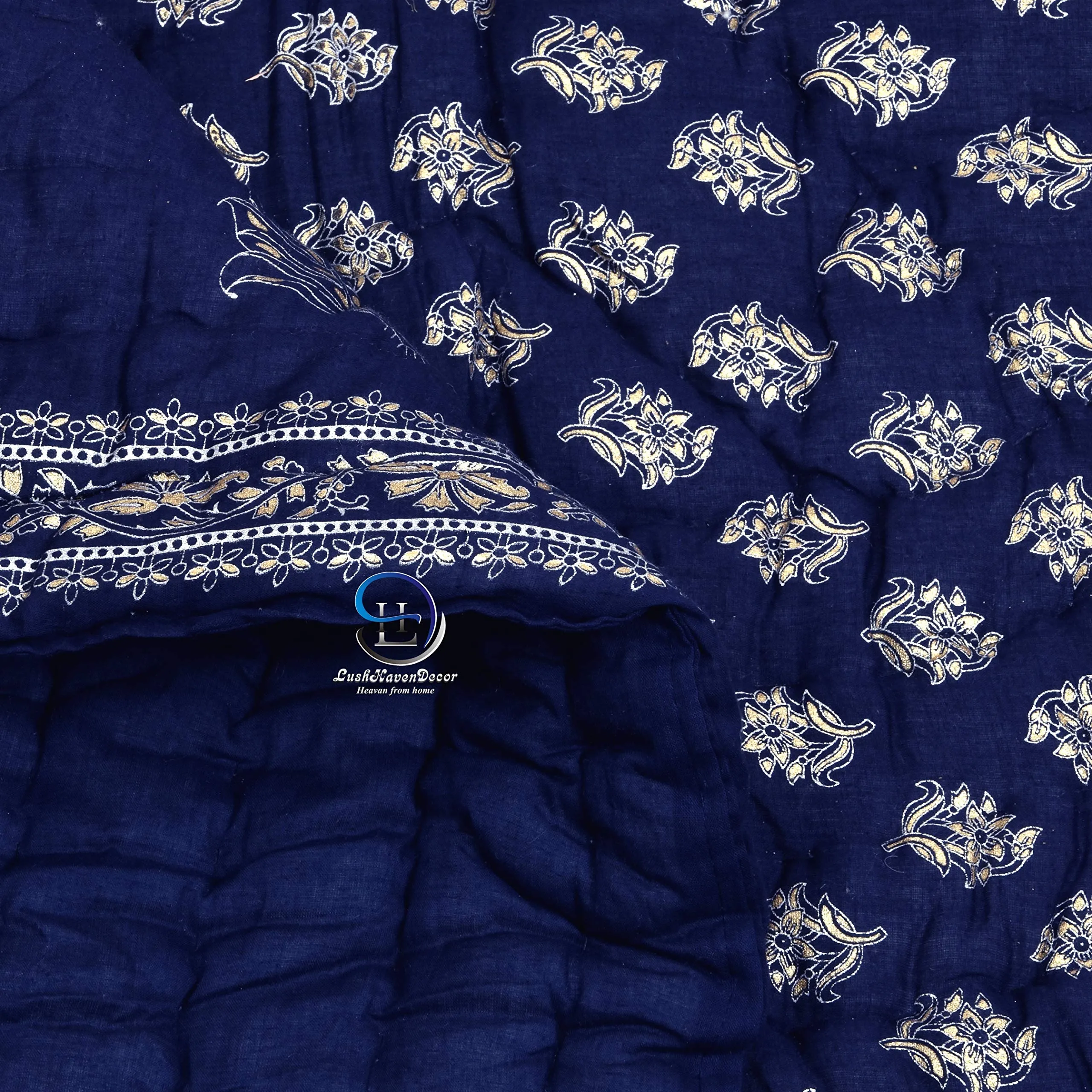 LushHavenDecor Pure Cotton Rajasthani Gold Print Work Blue Jaipuri Single Bed Razai Quilt Rajai Dohar AC-Blanket Comforter 85x55 inch, Set of 1, Blue, skin_friendly