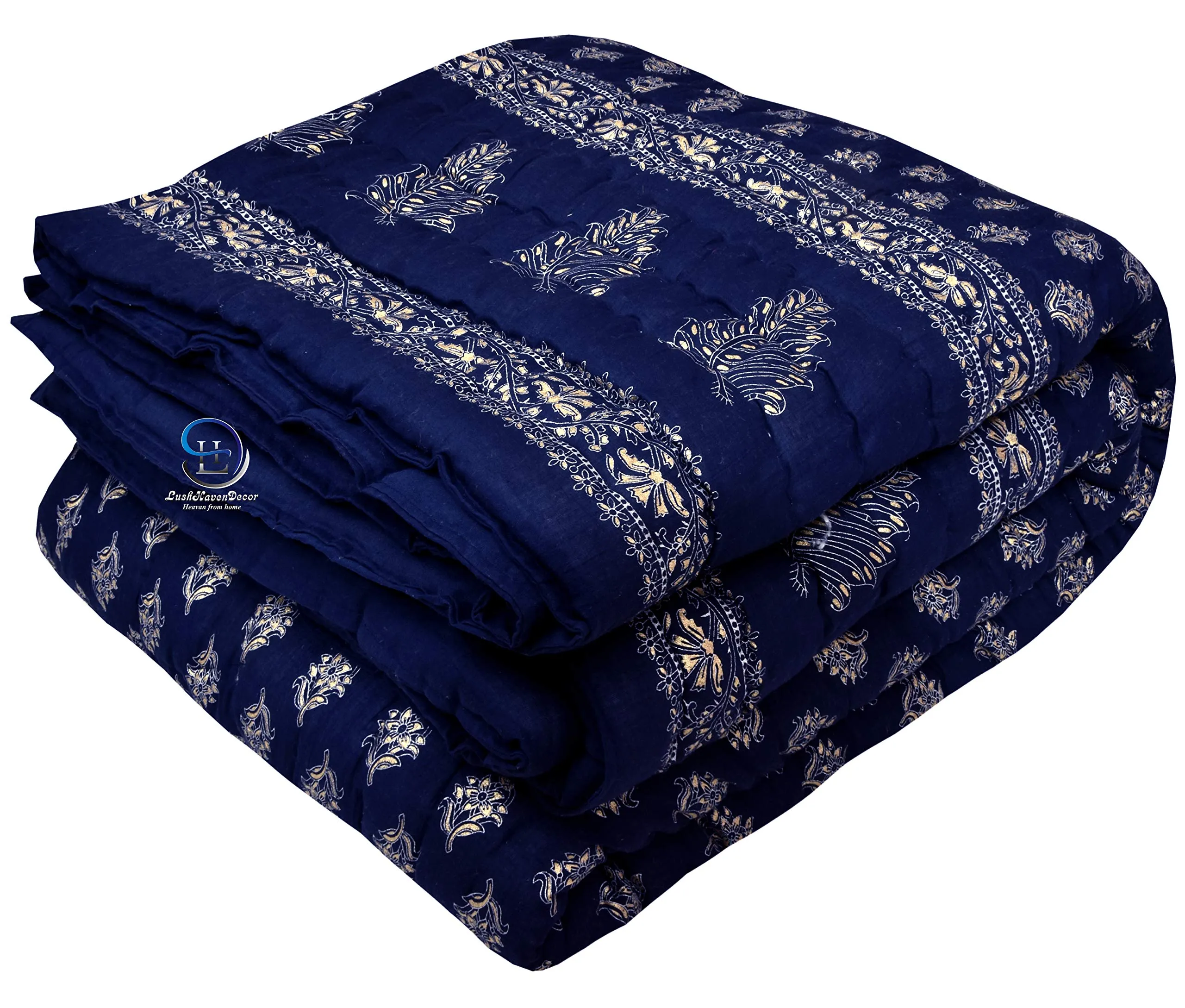 LushHavenDecor Pure Cotton Rajasthani Gold Print Work Blue Jaipuri Single Bed Razai Quilt Rajai Dohar AC-Blanket Comforter 85x55 inch, Set of 1, Blue, skin_friendly