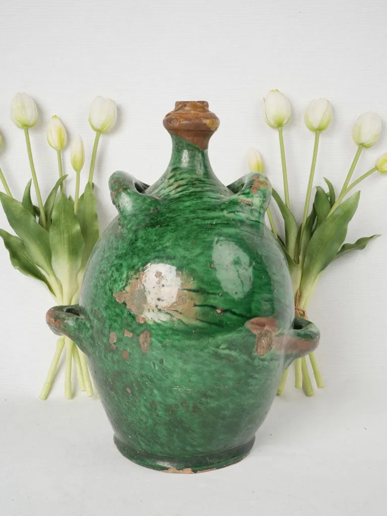 Magnificent 19th-Century Green Terracotta Conscience Jug w/ 4 Handles 14½"