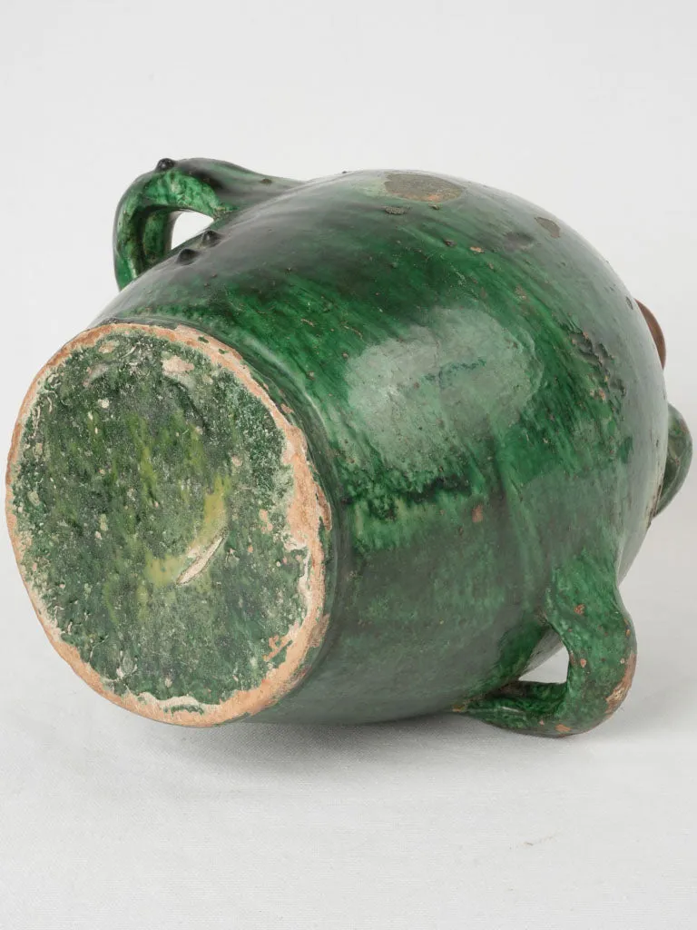 Magnificent 19th-Century Green Terracotta Conscience Jug w/ 4 Handles 14½"