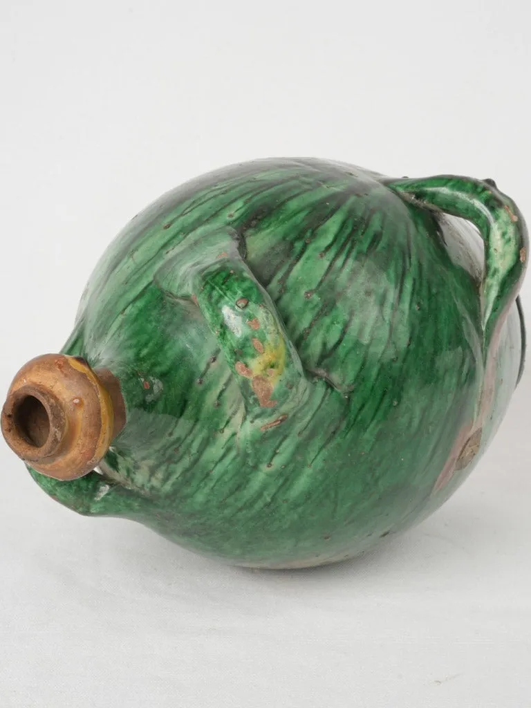 Magnificent 19th-Century Green Terracotta Conscience Jug w/ 4 Handles 14½"