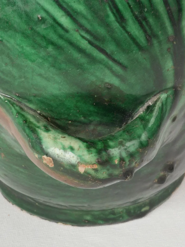 Magnificent 19th-Century Green Terracotta Conscience Jug w/ 4 Handles 14½"