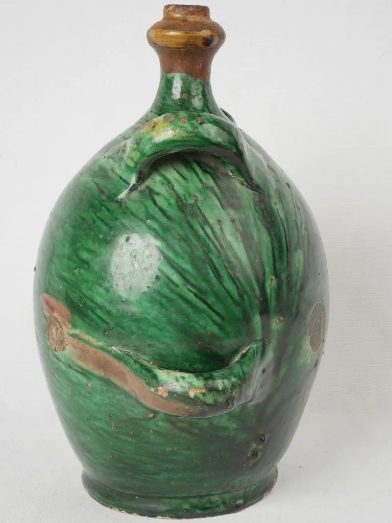 Magnificent 19th-Century Green Terracotta Conscience Jug w/ 4 Handles 14½"