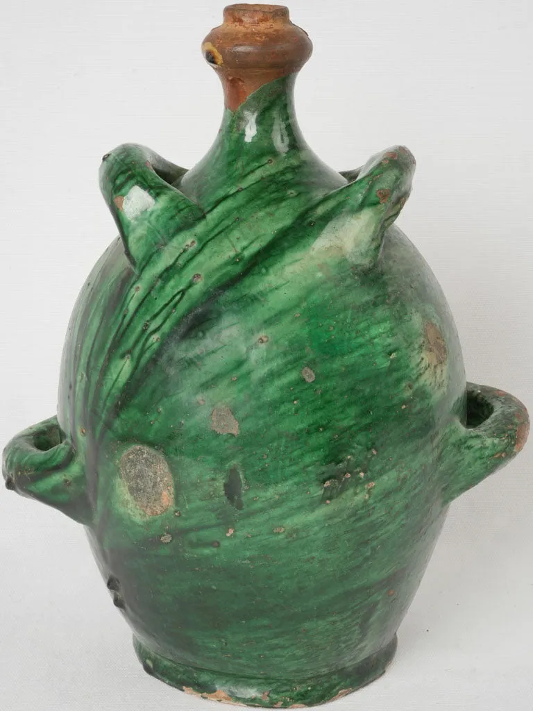 Magnificent 19th-Century Green Terracotta Conscience Jug w/ 4 Handles 14½"