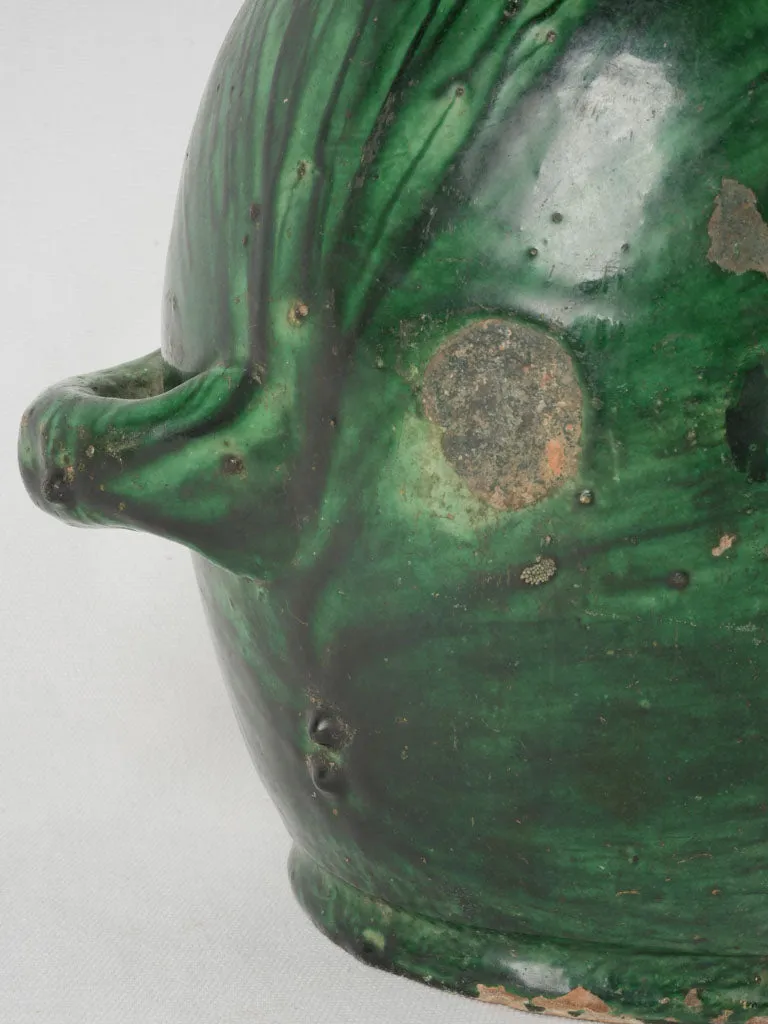 Magnificent 19th-Century Green Terracotta Conscience Jug w/ 4 Handles 14½"