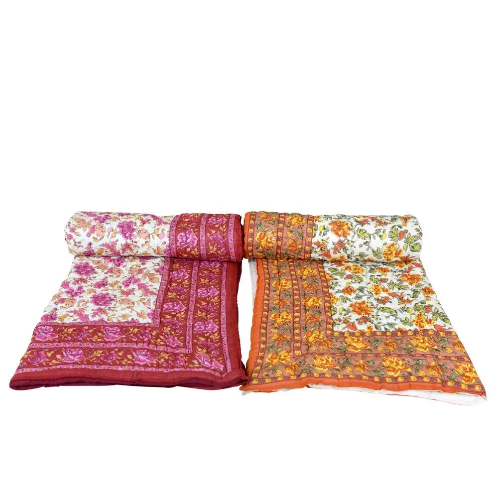 MANAVI ENTERPRISES Rajasthani Jaipuri Pure Organic Cotton Floral Printed Skin Friendly Single Bed AC Room's Blanket Jaipuri Razai/Rajai/Quilt/Blanket/Dohar (Beige/Pink) (Pack of-2)