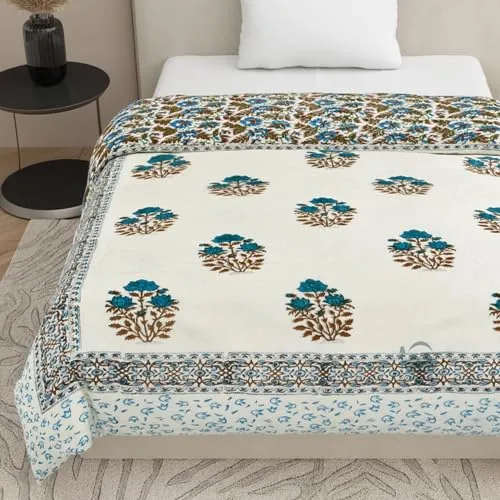 PINAARAS INTERIOR Cotton Jaipuri Razai Single Bed Hand Block Floral Buta Bail Print Quilt Blanket - Sky/Brown (Double Bed F) (90X108INCHES)