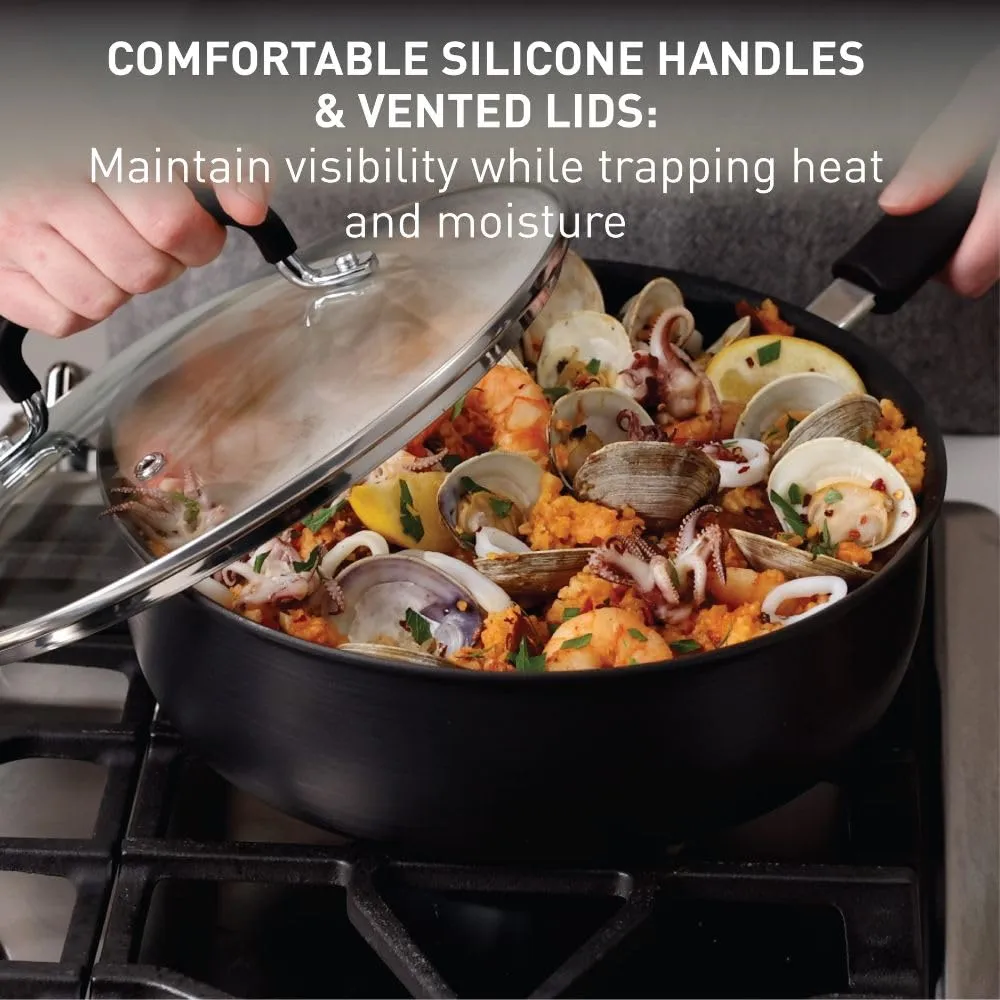 T-fal Ultimate Hard Anodized Nonstick Cookware Set 14 Piece, Oven Broiler Safe 400F, Lid Safe 350F, Kitchen Cooking Set w/Fry Pans, Saucepans, Griddle, Dutch Oven, Pots & Pans, Dishwasher Safe, Black
